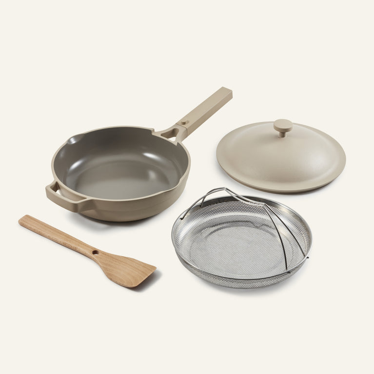 beige always pan with steamer and spatula