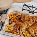 beige griddle pan with braised chicken