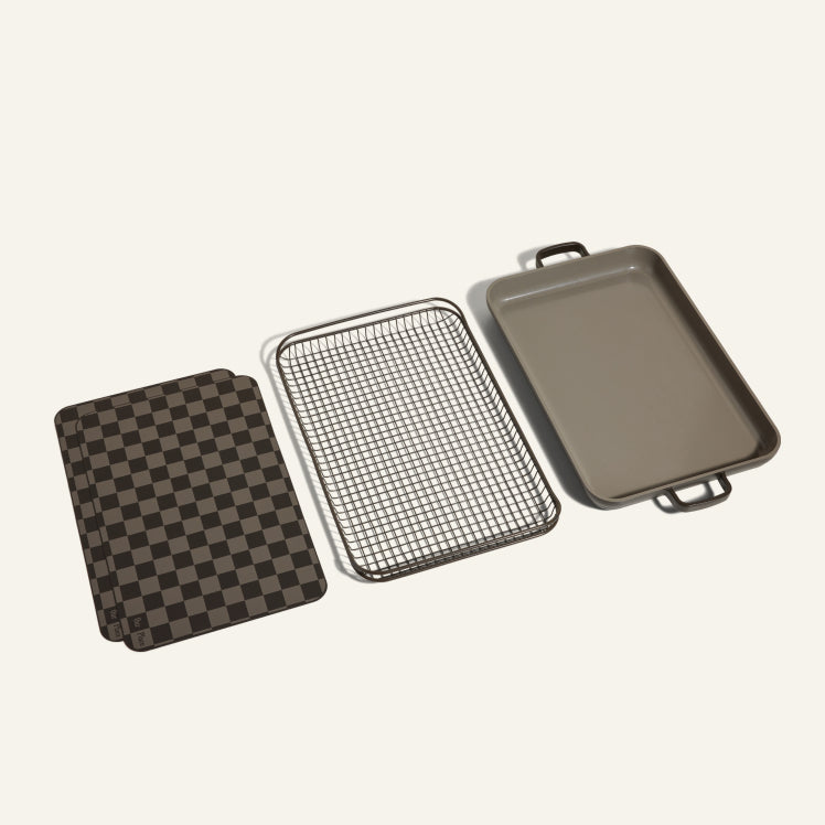 Black Oven Mats, Oven Rack, Griddle Pan side by side