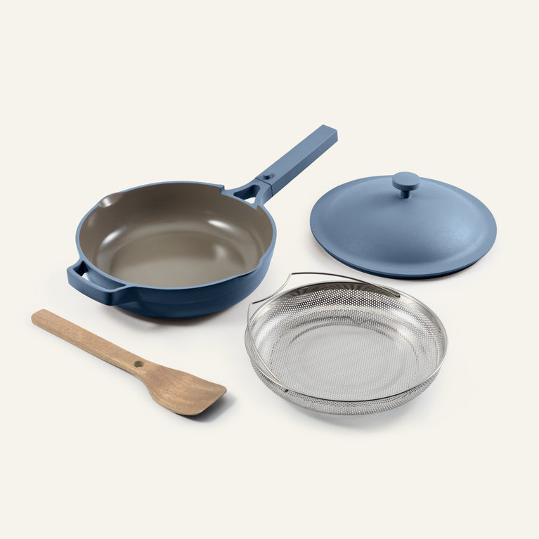 Blue always pan with steamer and spatula