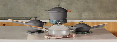 Our Place - Black Friday Sale  - Cookware Collection Page - Always Pan in Blue Salt, Always Pan in Spice, Always Pan in Sage, Tagine in Midnight Marble and Spruce Steamer.