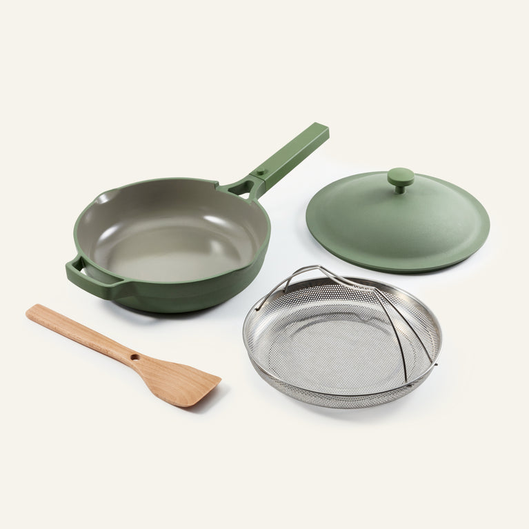 green always pan with steamer and spatula