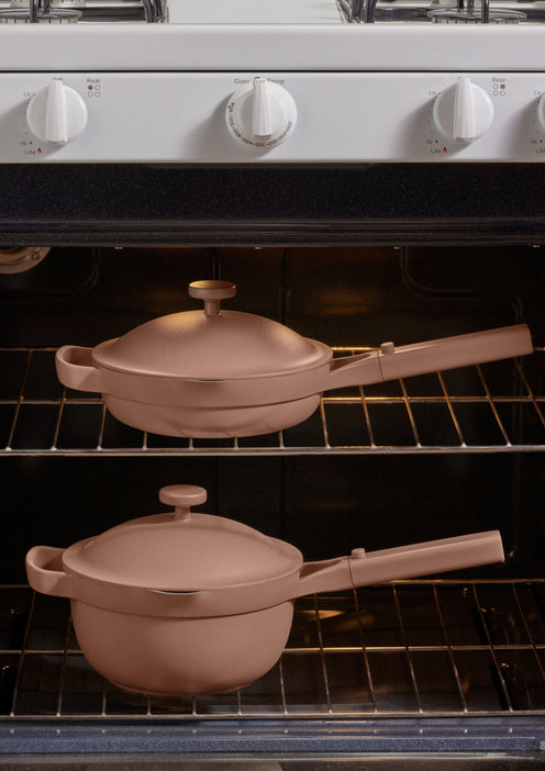 Pink Mini Always Pan and pink Mini Perfect Pot in the oven