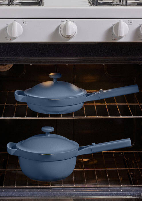 Blue Mini Always Pan and Mini Perfect Pot in the oven