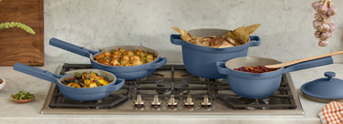 blue sale mini always pan, always pan, perfect pot and mini perfect pot on stove