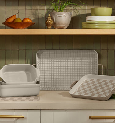 beige ultimate bakeware set on counter