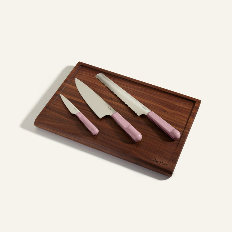 purple Serrated Slicing Knife Everyday Chefs Knife Perfect Paring Knife and Walnut Cutting Board bundle