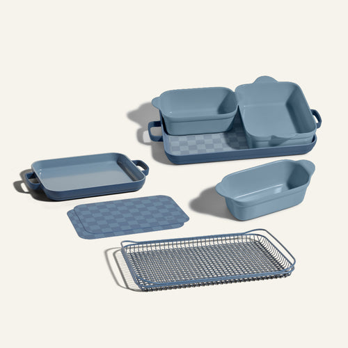 blue bakeware set, mini griddle pan and oven rack