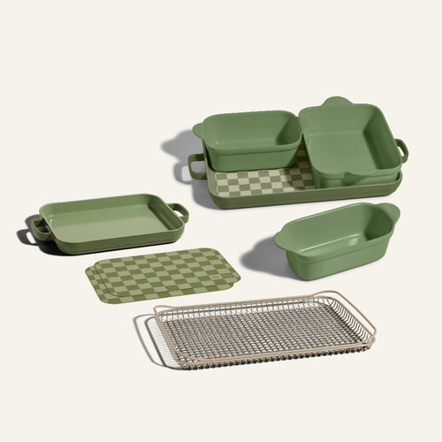 green bakeware set, mini griddle pan and oven rack