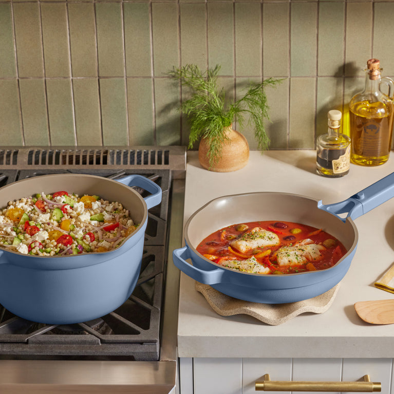 blue perfect pot on stove and mini always pan on counter