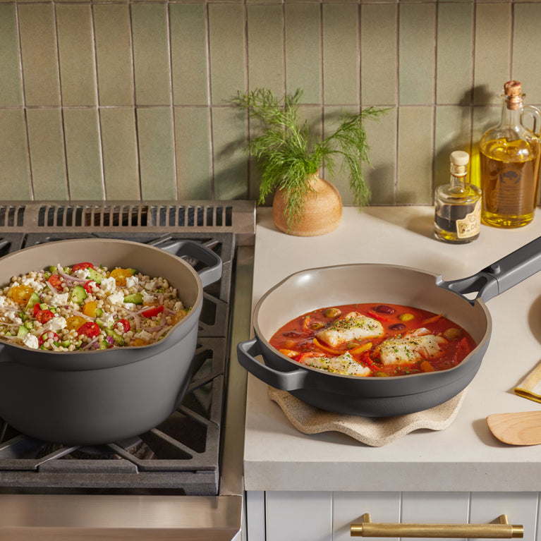 black perfect pot on stove and mini always pan on counter