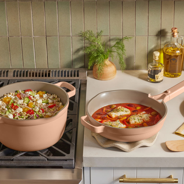 mini perfect pot on stove, and pink mini always pan on counter