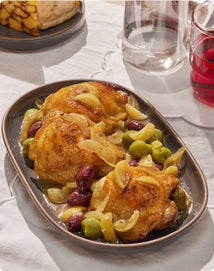 olive and preserved lemon chicken on serving platter