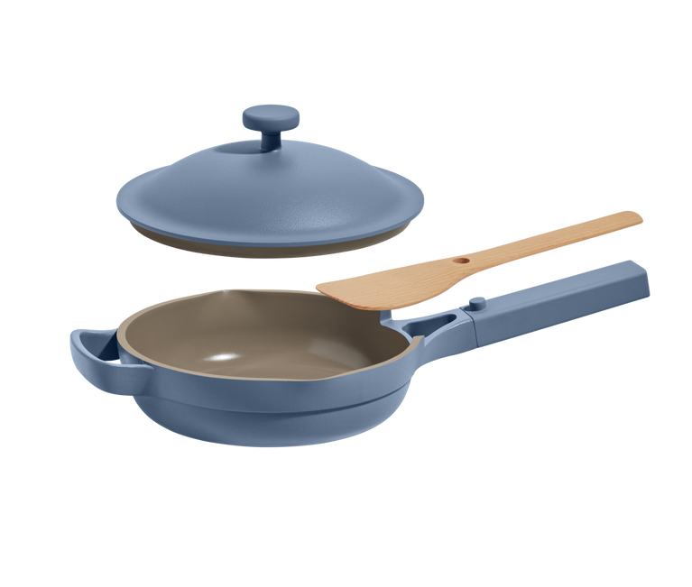 Blue Mini Always Pan with nesting Beechwood Spatula